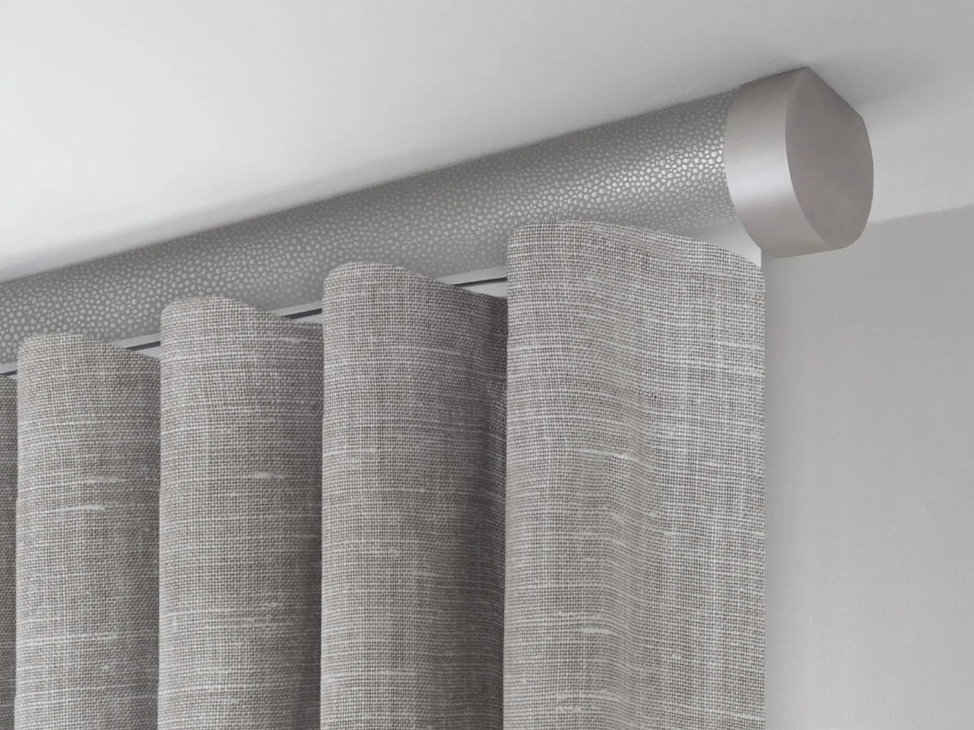 Motorised ceiling fix curtain pole set in 50mm dia. pebble wrap with end cap finials