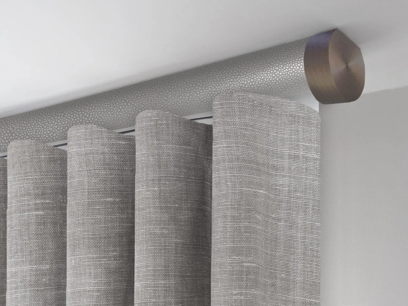 Motorised ceiling fix curtain pole set in 50mm dia. pebble wrap with end cap finials