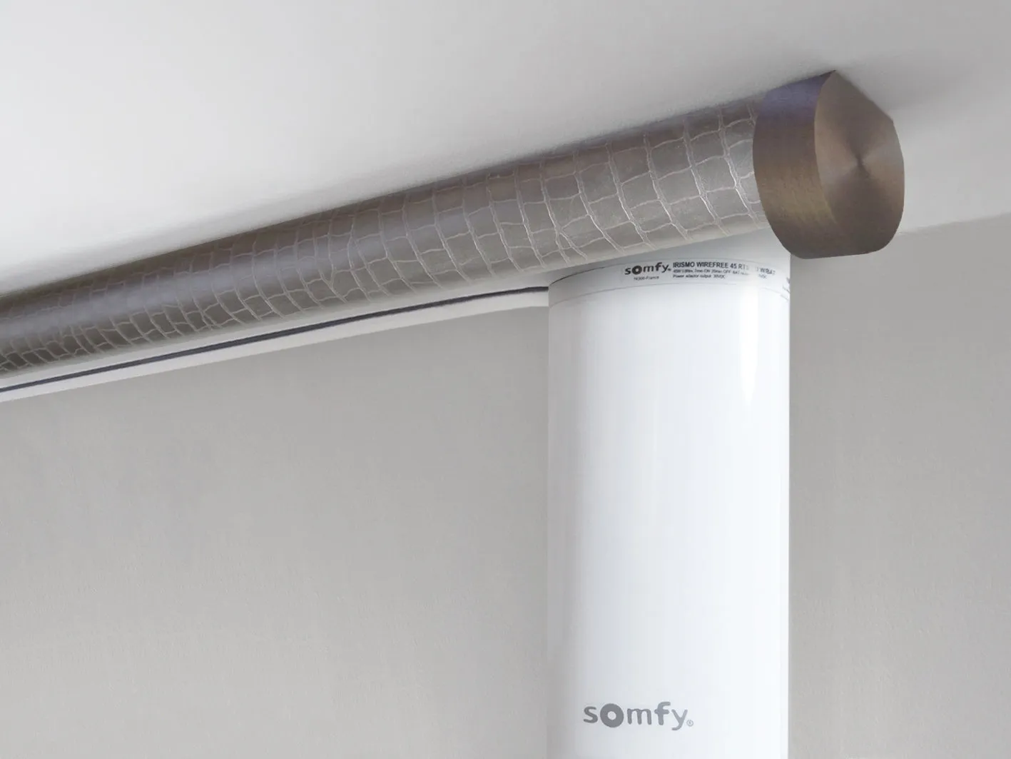 Motorised ceiling fix curtain pole set in 50mm dia. rose pewter wrap with end cap finials