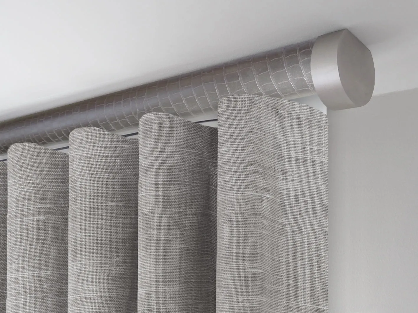 Motorised ceiling fix curtain pole set in 50mm dia. rose pewter wrap with end cap finials