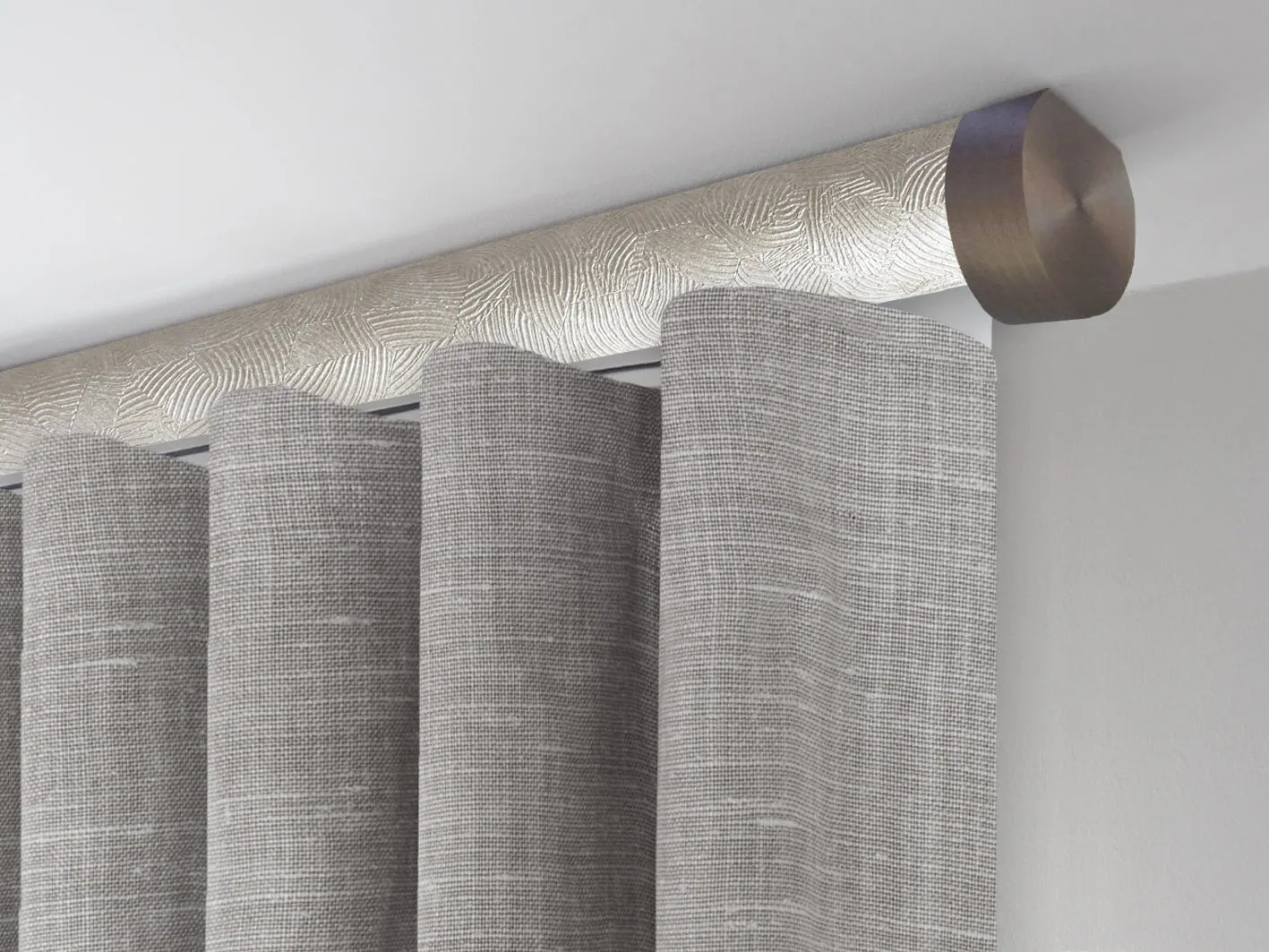 Motorised ceiling fix curtain pole set in 50mm dia. sandstone wrap with end cap finials