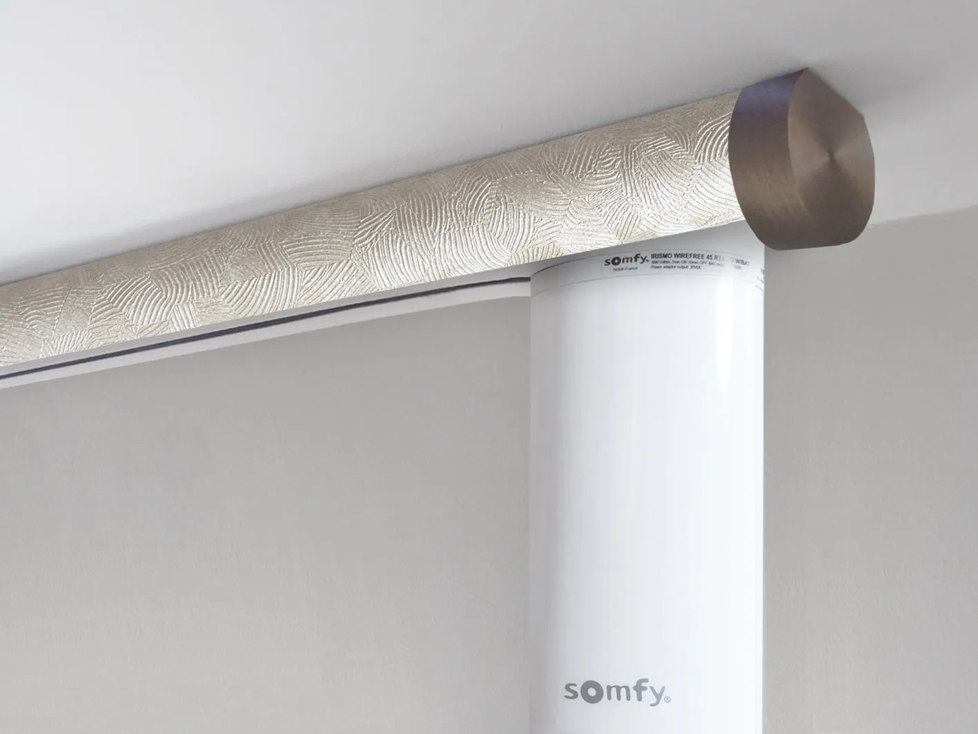 Motorised ceiling fix curtain pole set in 50mm dia. sandstone wrap with end cap finials