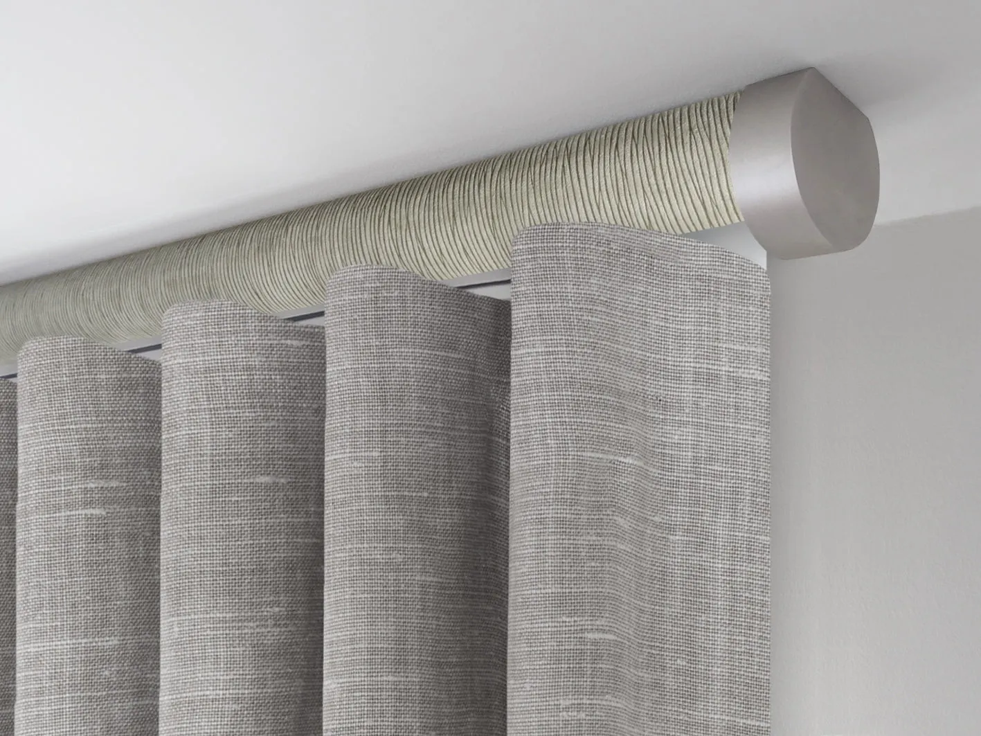 Motorised ceiling fix curtain pole set in 50mm dia. shale wrap with end cap finials