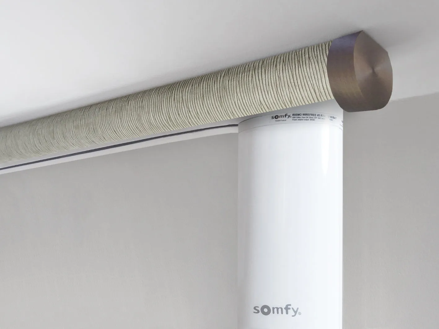 Motorised ceiling fix curtain pole set in 50mm dia. shale wrap with end cap finials