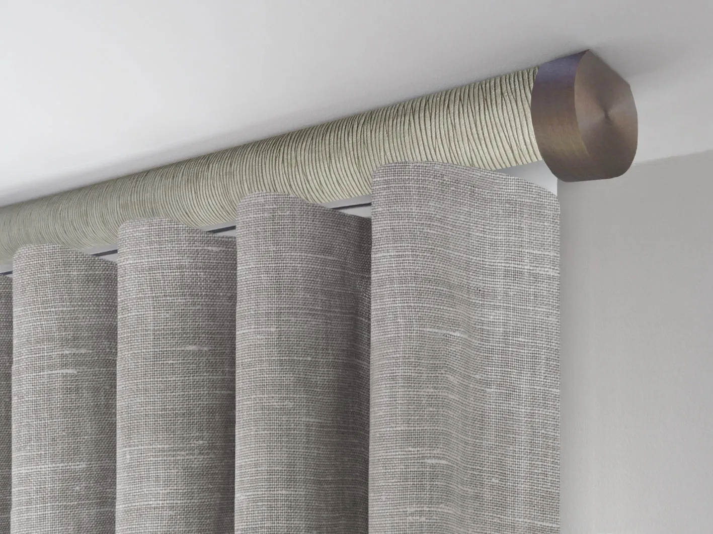Motorised ceiling fix curtain pole set in 50mm dia. shale wrap with end cap finials
