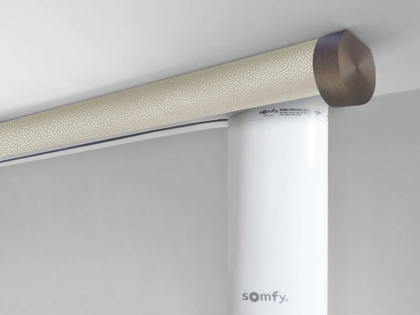 Motorised ceiling fix curtain pole set in 50mm dia. sienese wrap with end cap finials