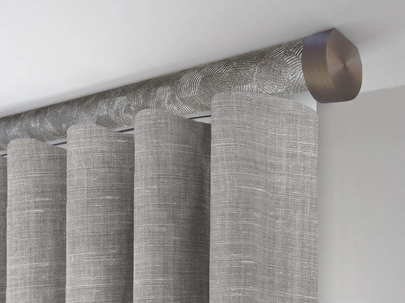 Motorised ceiling fix curtain pole set in 50mm dia. storm wrap with end cap finials