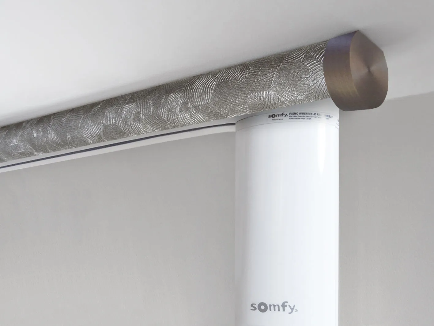 Motorised ceiling fix curtain pole set in 50mm dia. storm wrap with end cap finials