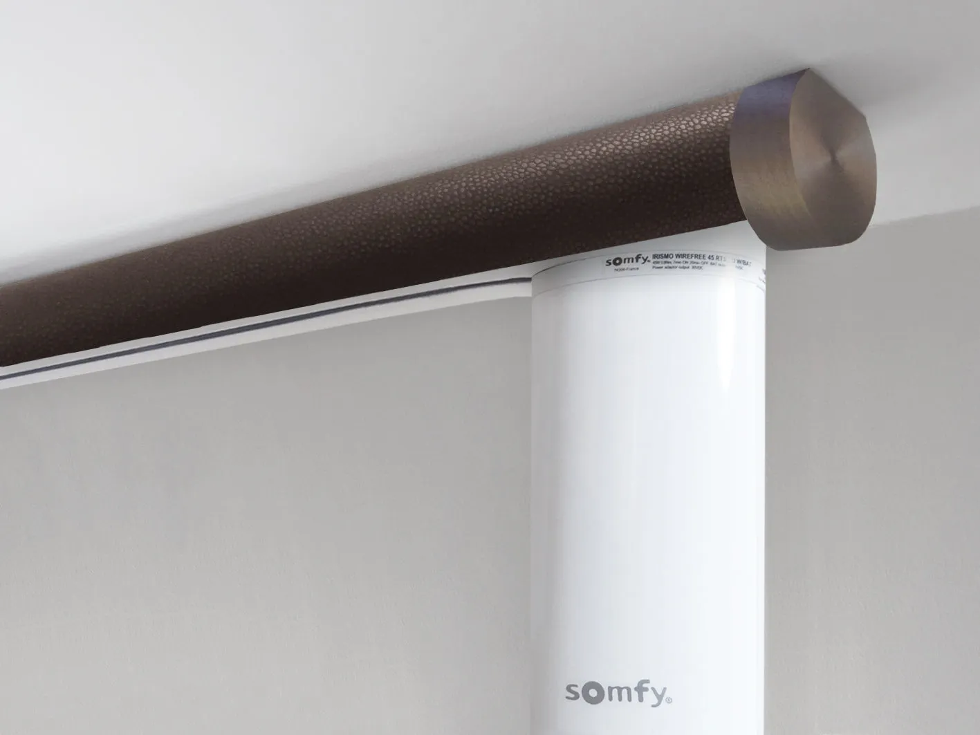 Motorised ceiling fix curtain pole set in 50mm dia. tennessee wrap with end cap finials