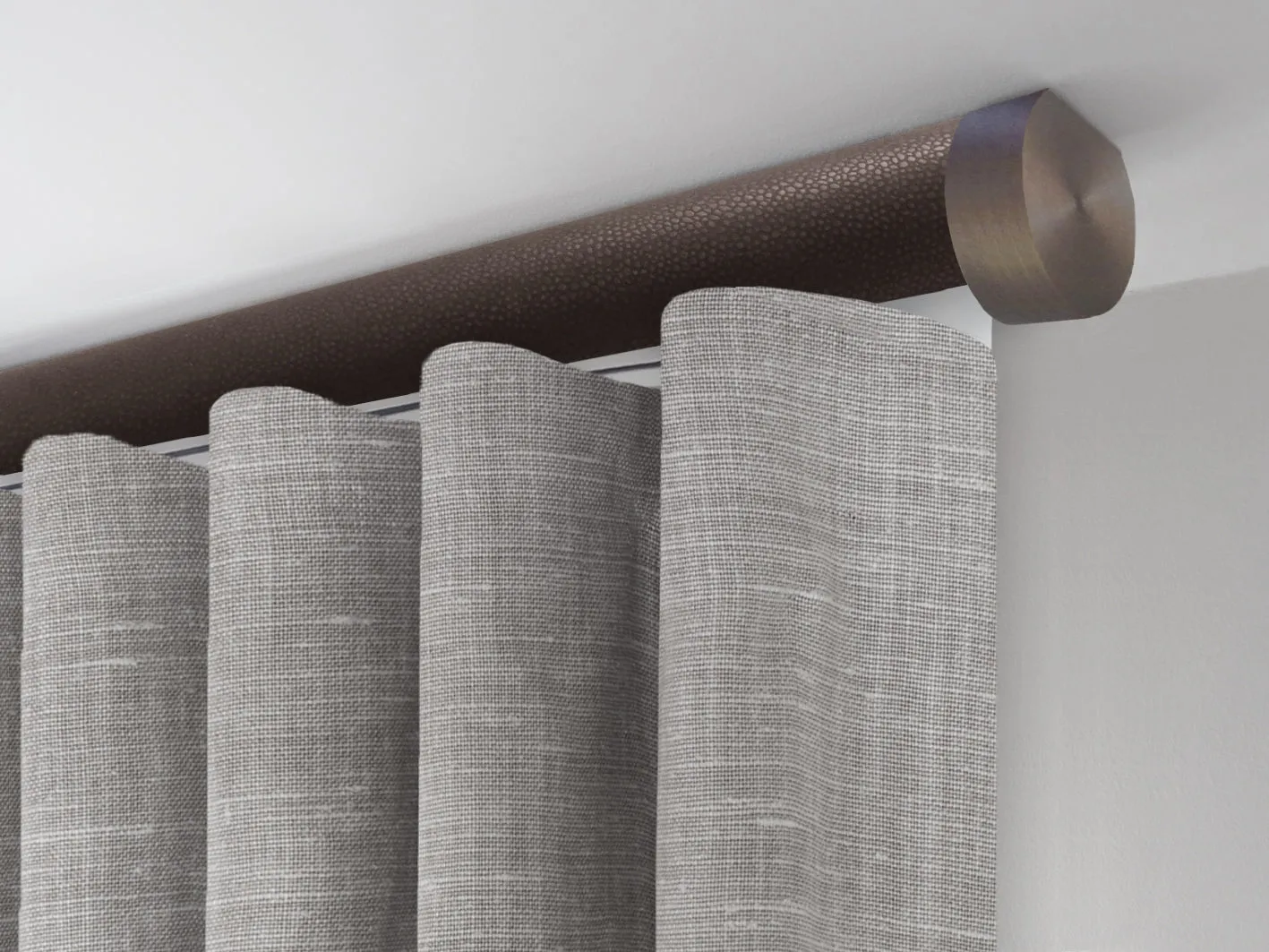 Motorised ceiling fix curtain pole set in 50mm dia. tennessee wrap with end cap finials