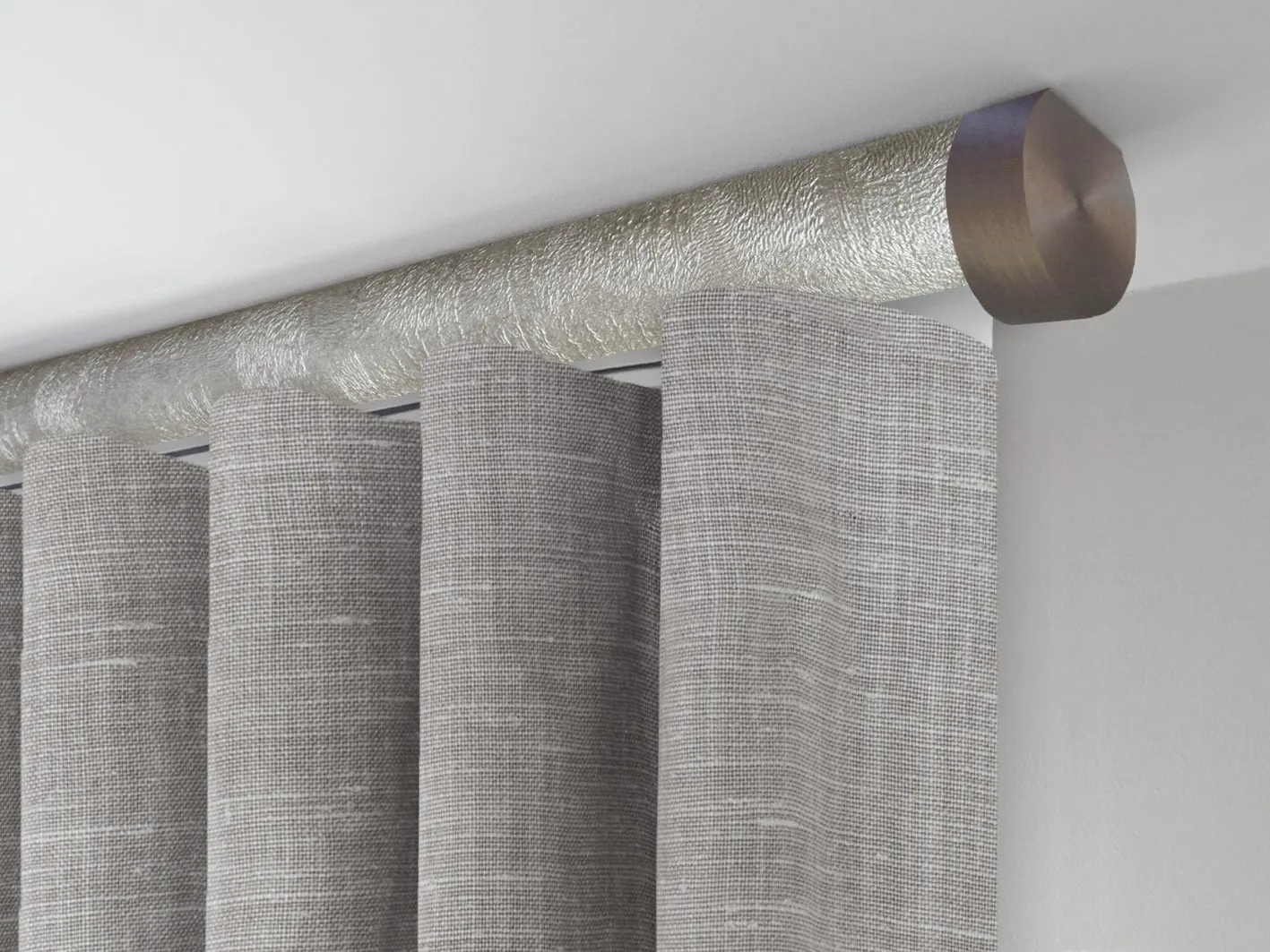 Motorised ceiling fix curtain pole set in 50mm dia. warm silver wrap with end cap finials