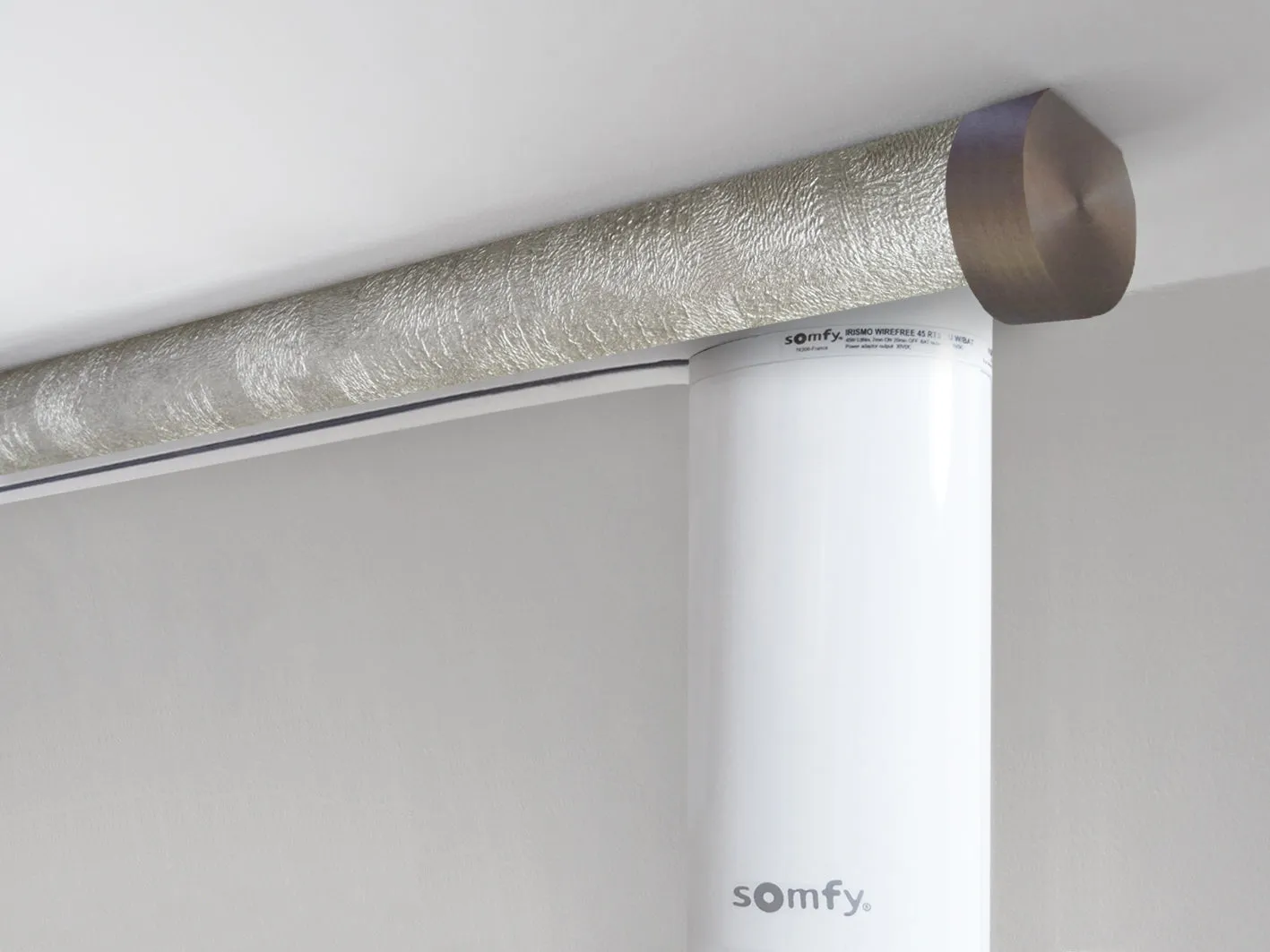 Motorised ceiling fix curtain pole set in 50mm dia. warm silver wrap with end cap finials