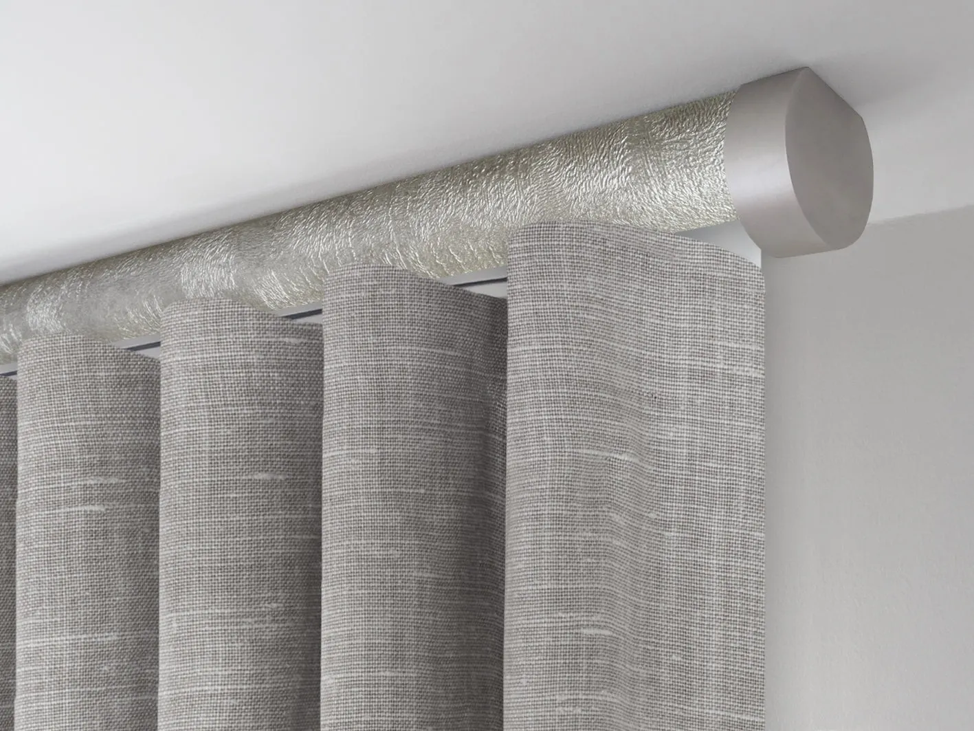 Motorised ceiling fix curtain pole set in 50mm dia. warm silver wrap with end cap finials