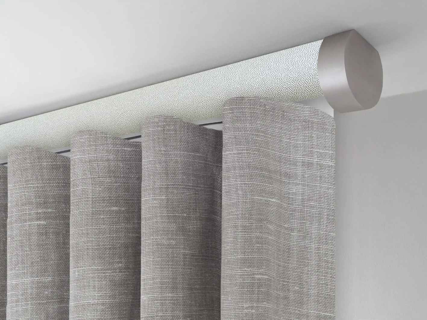 Motorised ceiling fix curtain pole set in 50mm dia. white pepper wrap with end cap finials