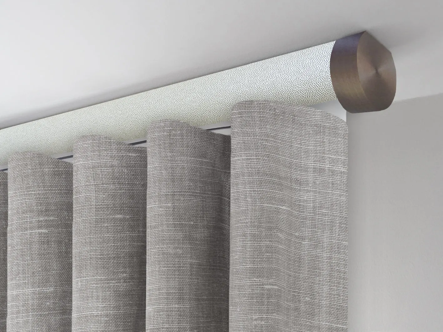 Motorised ceiling fix curtain pole set in 50mm dia. white pepper wrap with end cap finials