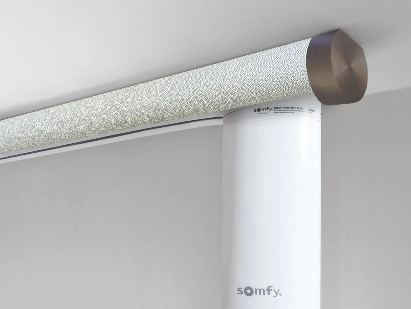 Motorised ceiling fix curtain pole set in 50mm dia. white pepper wrap with end cap finials