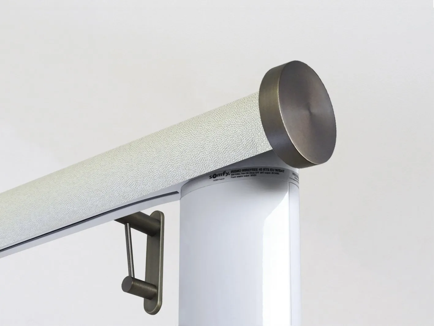 Motorised curtain pole in 50mm dia. white pepper wrap