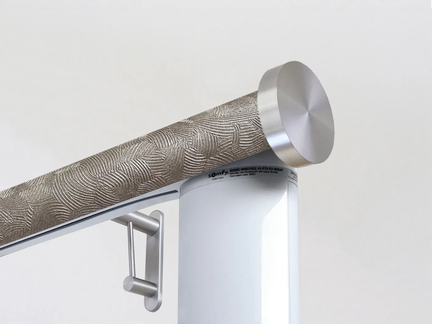 Motorised curtain pole set in 50mm dia. antique gold wrap with mini disc finials