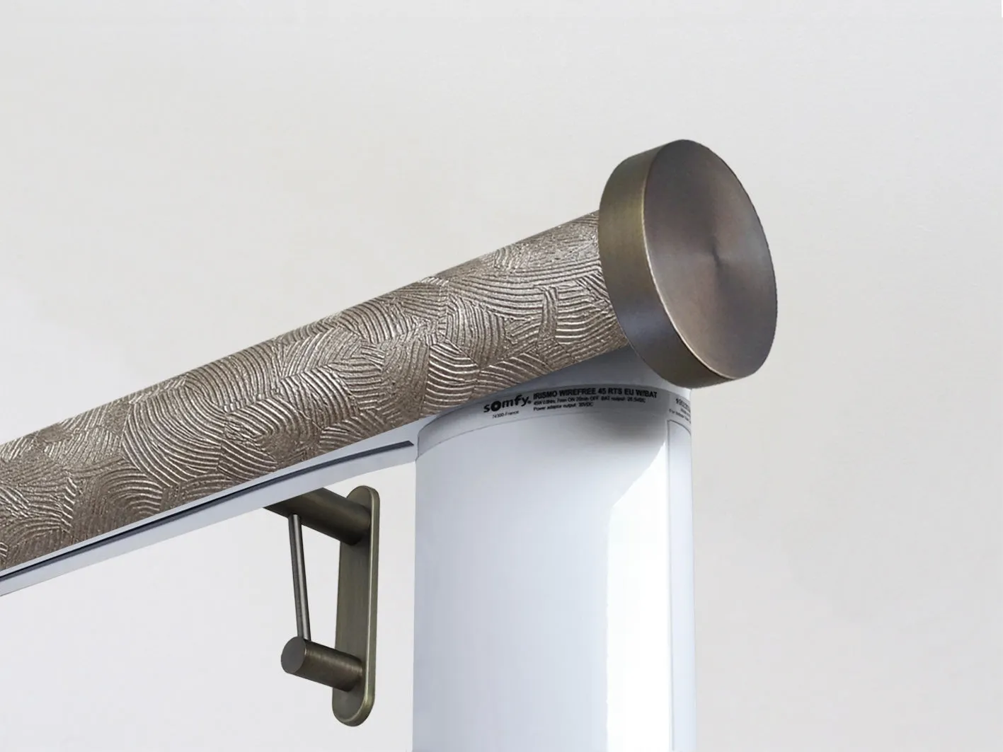 Motorised curtain pole set in 50mm dia. antique gold wrap with mini disc finials