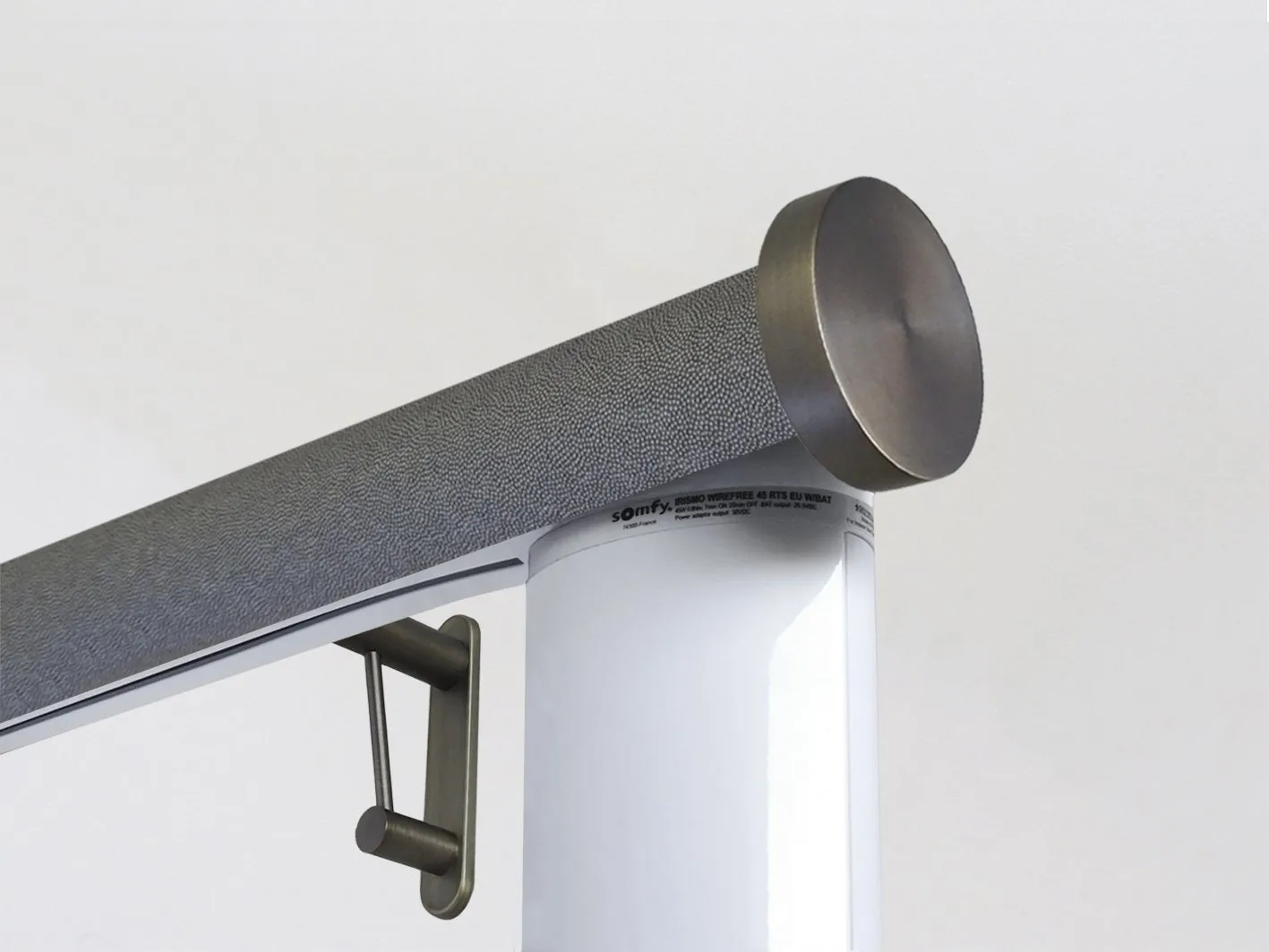 Motorised curtain pole set in 50mm dia. black pepper wrap with mini disc finials