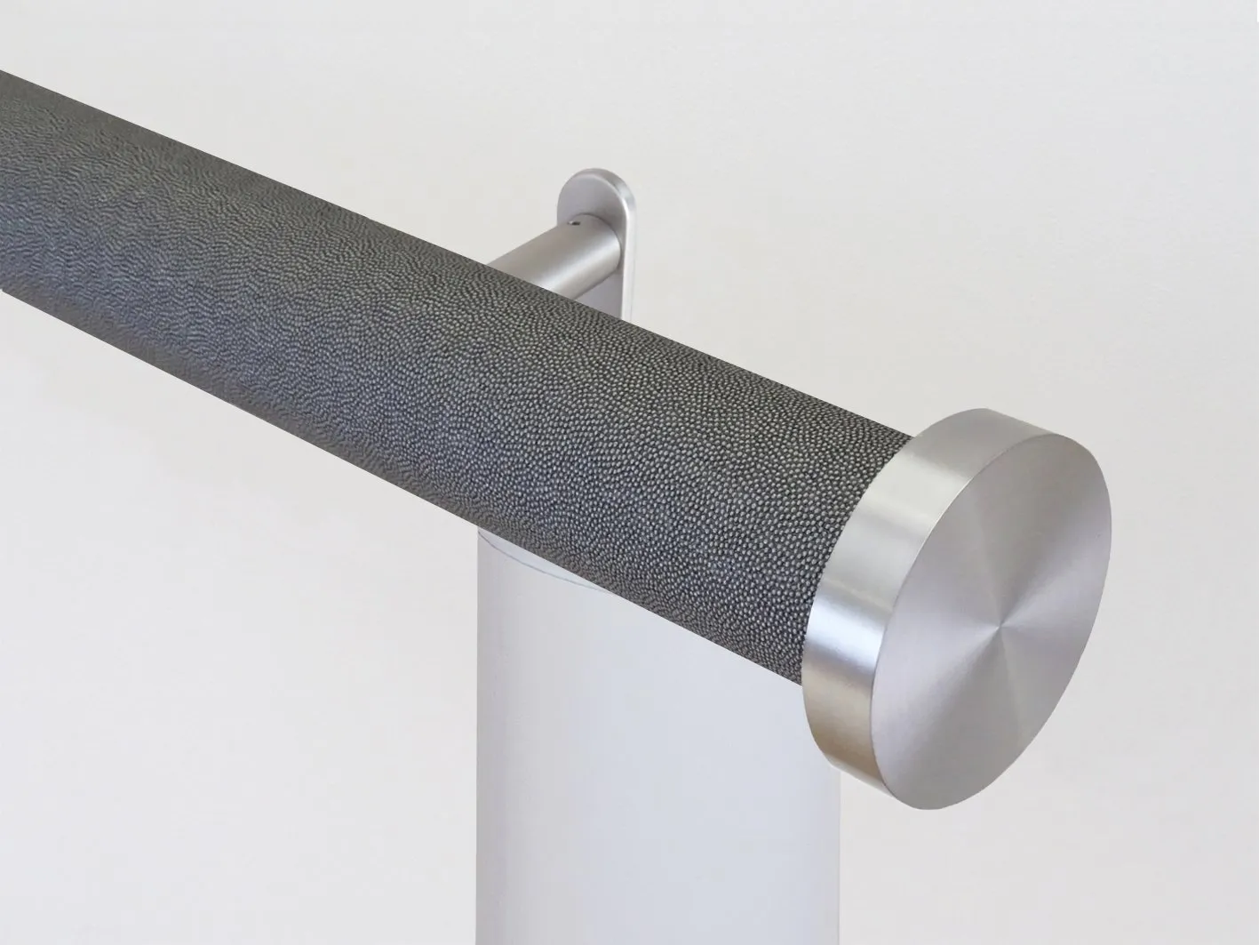 Motorised curtain pole set in 50mm dia. black pepper wrap with mini disc finials