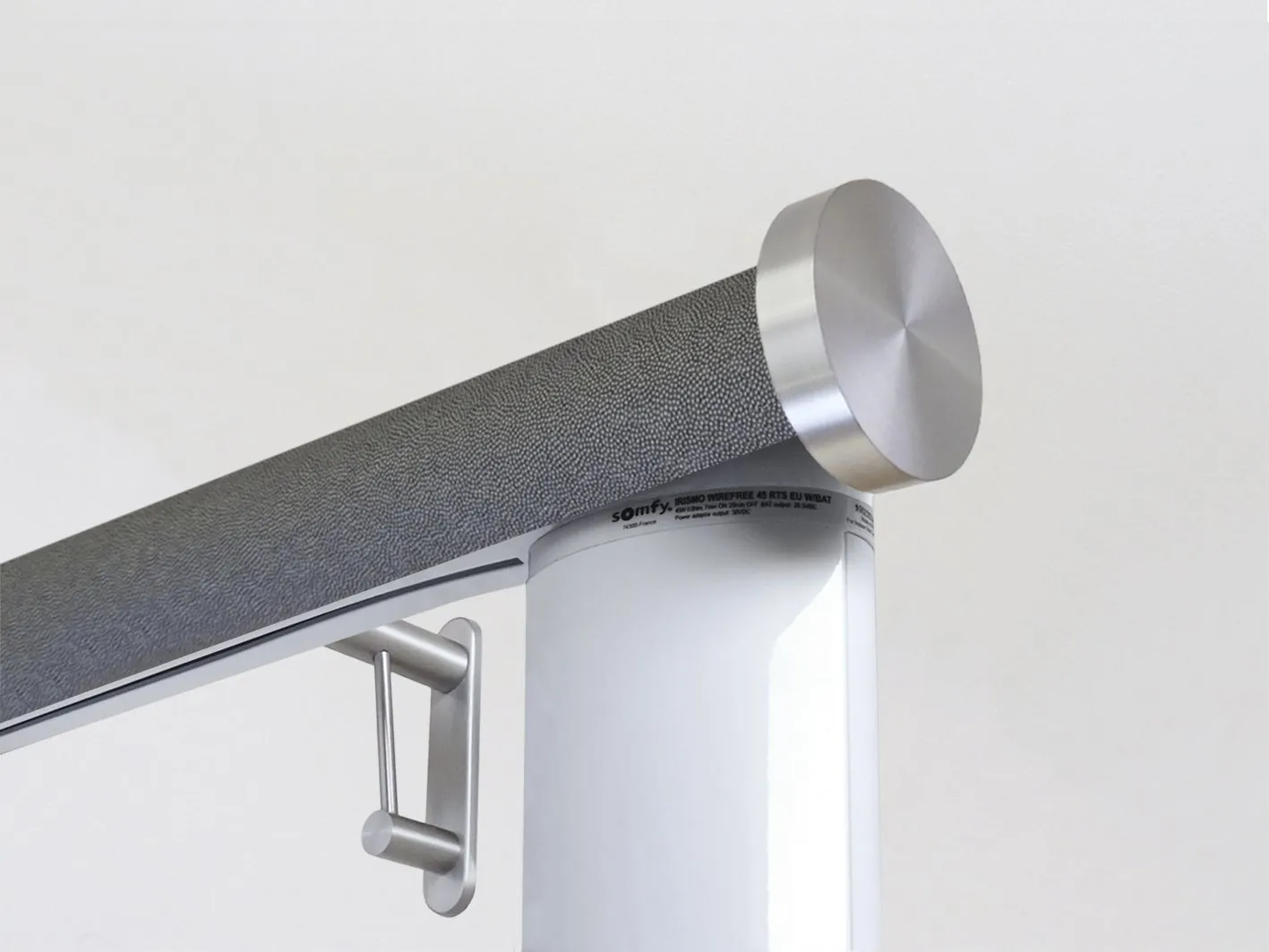 Motorised curtain pole set in 50mm dia. black pepper wrap with mini disc finials
