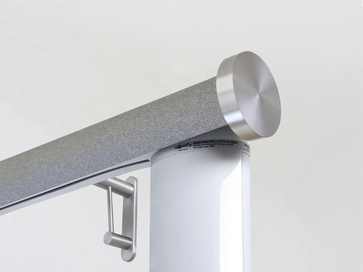 Motorised curtain pole set in 50mm dia. dusk wrap with mini disc finials