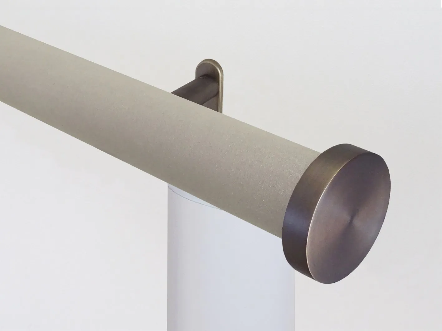 Motorised curtain pole set in 50mm dia. fawn wrap with mini disc finials
