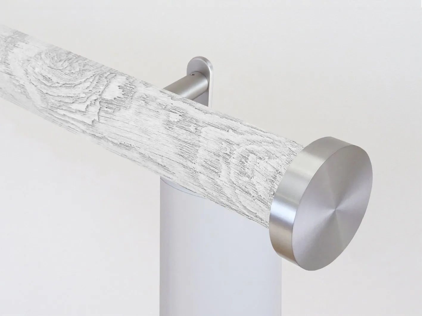Motorised curtain pole set in 50mm dia. nordic white wrap with mini disc finials