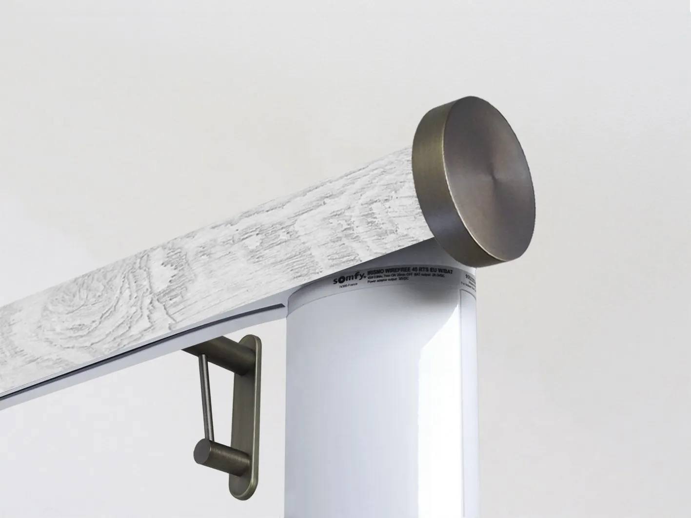 Motorised curtain pole set in 50mm dia. nordic white wrap with mini disc finials