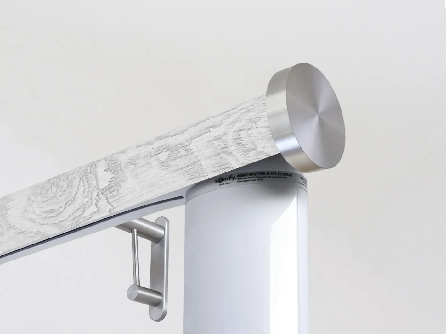 Motorised curtain pole set in 50mm dia. nordic white wrap with mini disc finials