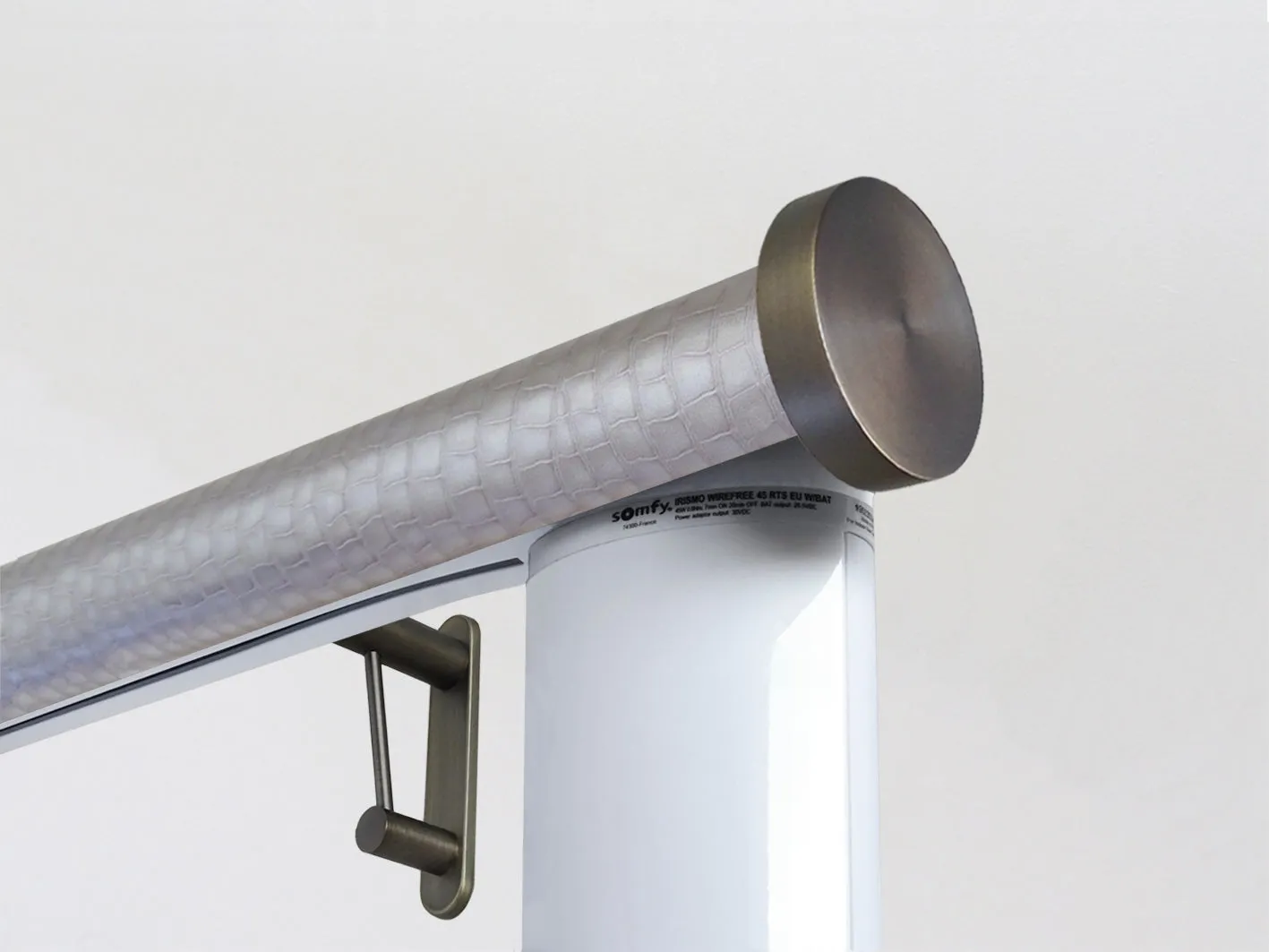 Motorised curtain pole set in 50mm dia. rose pewter wrap with mini disc finials