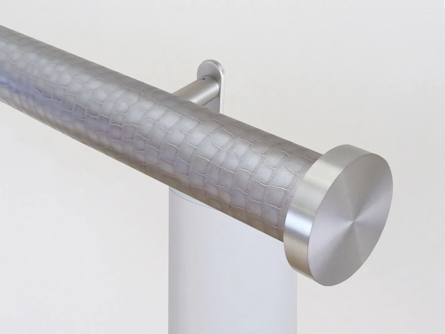 Motorised curtain pole set in 50mm dia. rose pewter wrap with mini disc finials