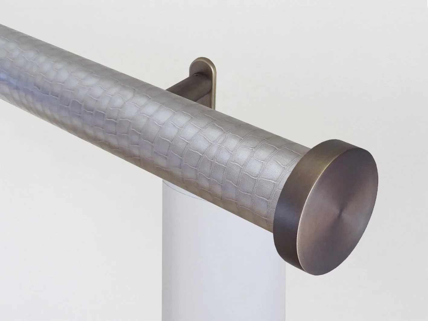 Motorised curtain pole set in 50mm dia. rose pewter wrap with mini disc finials