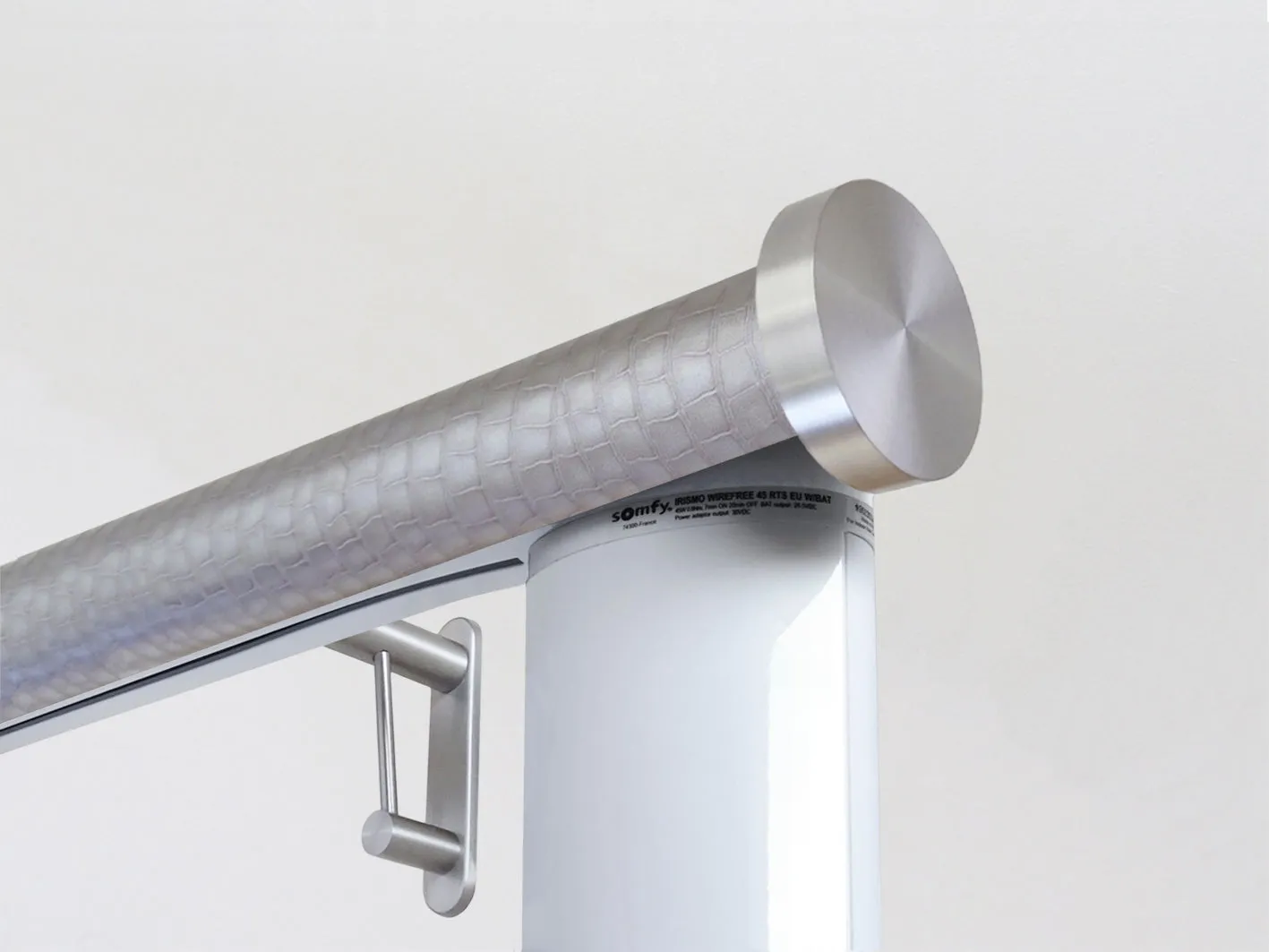 Motorised curtain pole set in 50mm dia. rose pewter wrap with mini disc finials