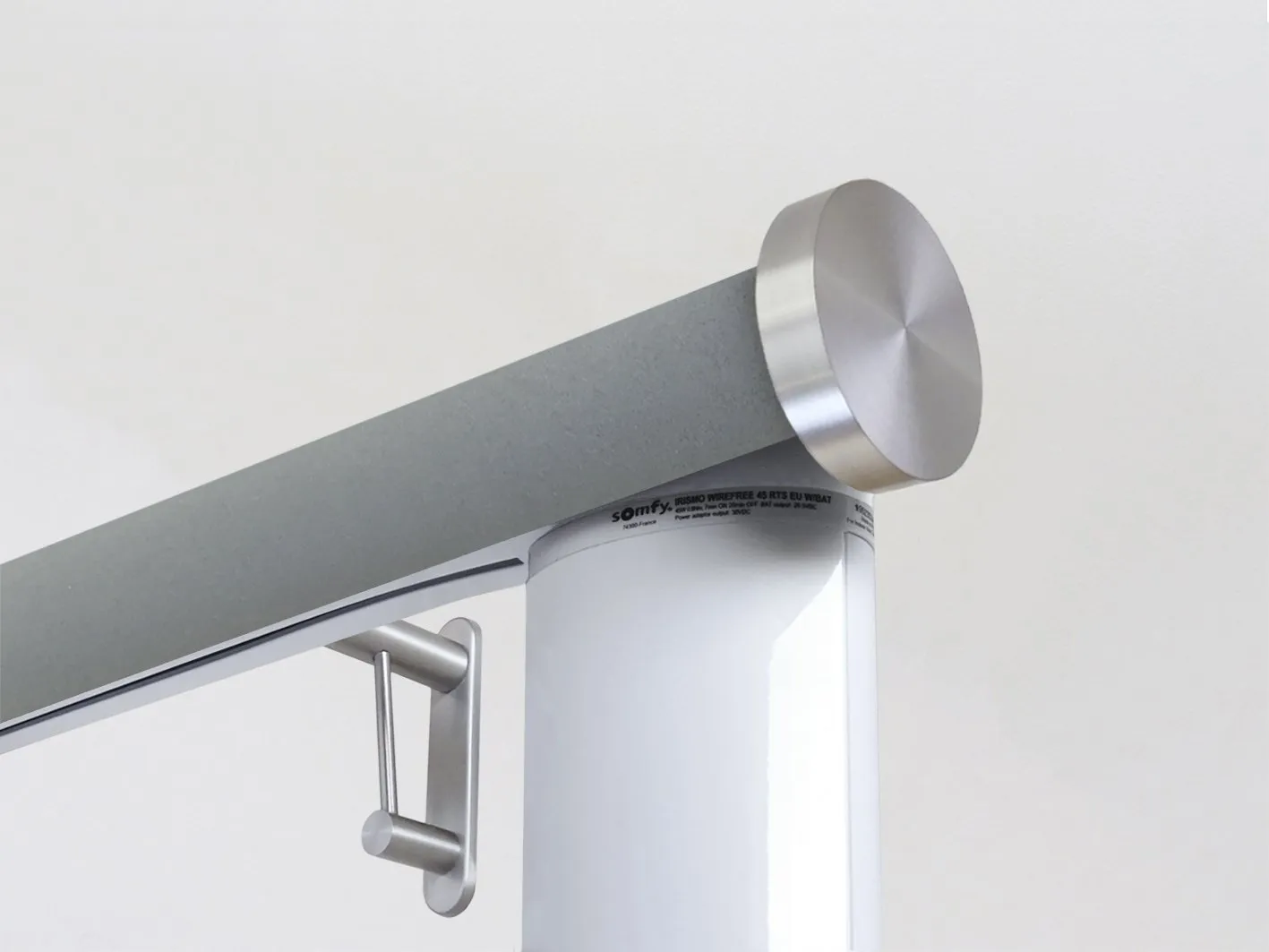 Motorised curtain pole set in 50mm dia. slate wrap with mini disc finials