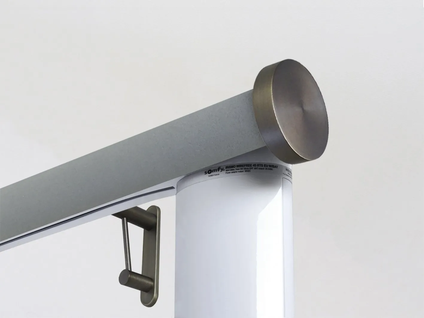 Motorised curtain pole set in 50mm dia. slate wrap with mini disc finials