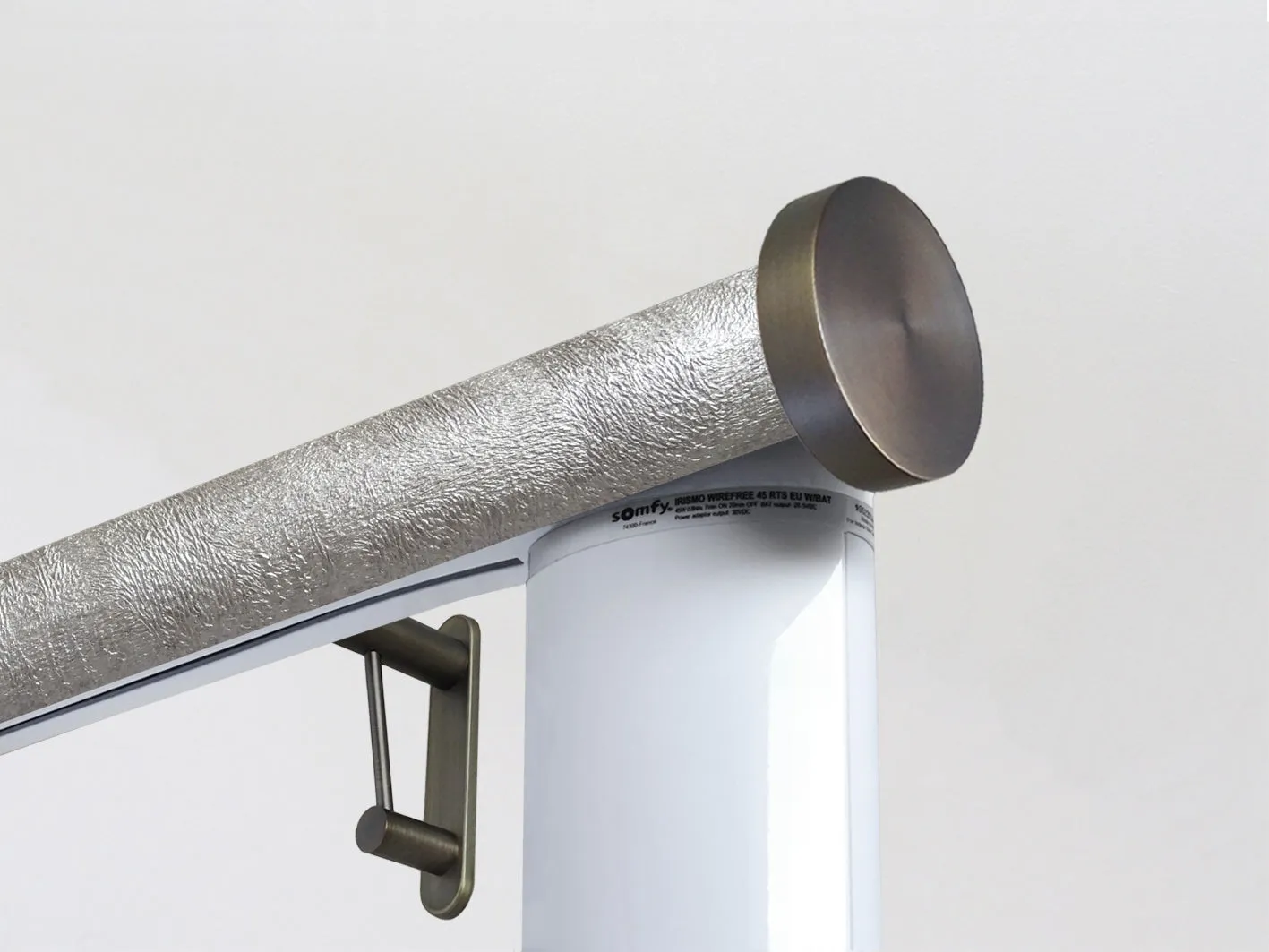 Motorised curtain pole set in 50mm dia. warm silver wrap with mini disc finials