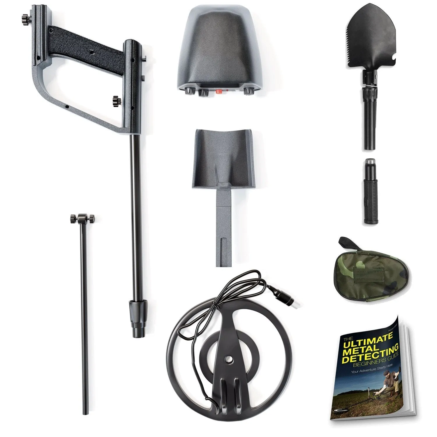NHI Metal Detector Starter Kit - Metal Detectors Waterproof Coil Measures 7.5 Inches - Includes 72 Page Beginners Guide and Folding Shovel