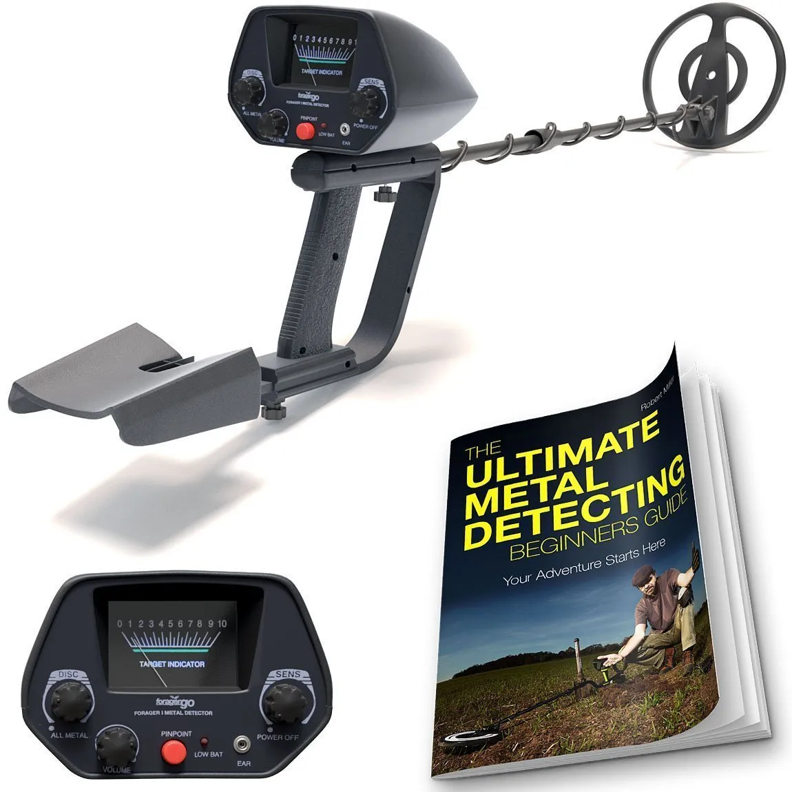 NHI Metal Detector Starter Kit - Metal Detectors Waterproof Coil Measures 7.5 Inches - Includes 72 Page Beginners Guide and Folding Shovel