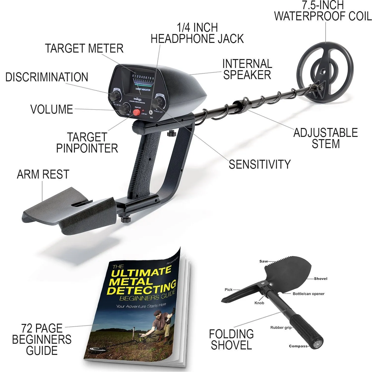 NHI Metal Detector Starter Kit - Metal Detectors Waterproof Coil Measures 7.5 Inches - Includes 72 Page Beginners Guide and Folding Shovel