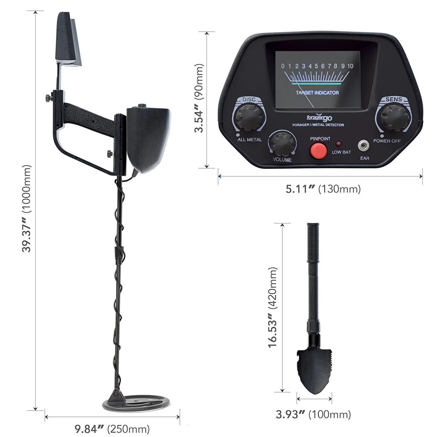 NHI Metal Detector Starter Kit - Metal Detectors Waterproof Coil Measures 7.5 Inches - Includes 72 Page Beginners Guide and Folding Shovel