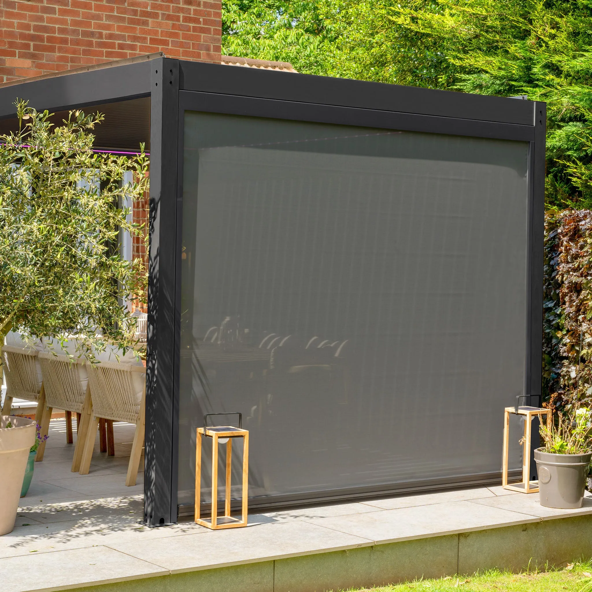 PergoSTET 3m x 3m Square Pergola with 3 Drop Sides and LED Lighting in Grey