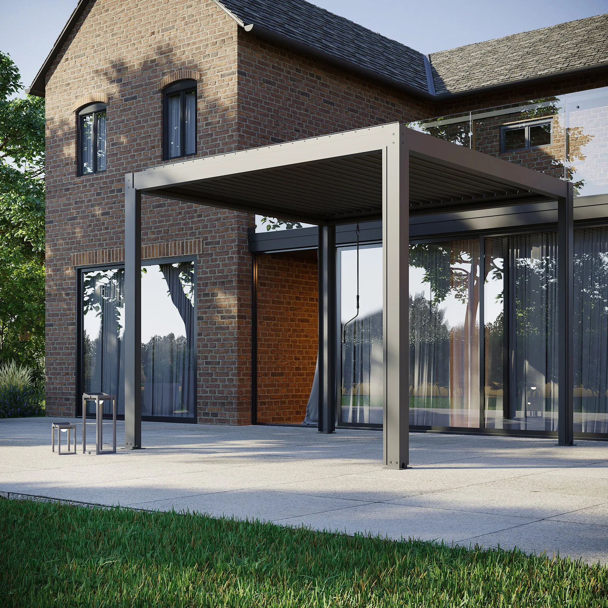 PergoSTET 3m x 3m Square Pergola with 3 Drop Sides and LED Lighting in Grey