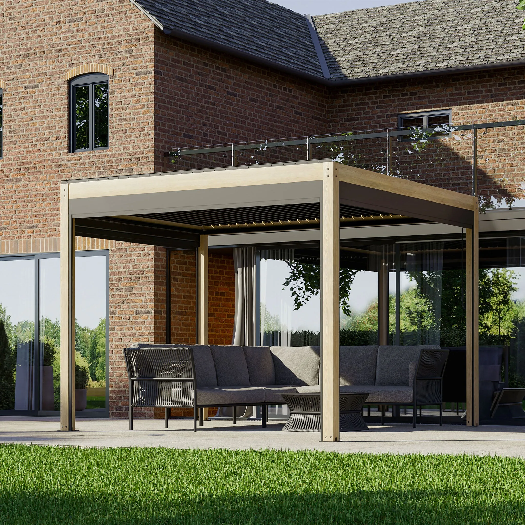 PergoSTET 3m x 3m Square Pergola with 3 Drop Sides and LED Lighting with Wood Effect