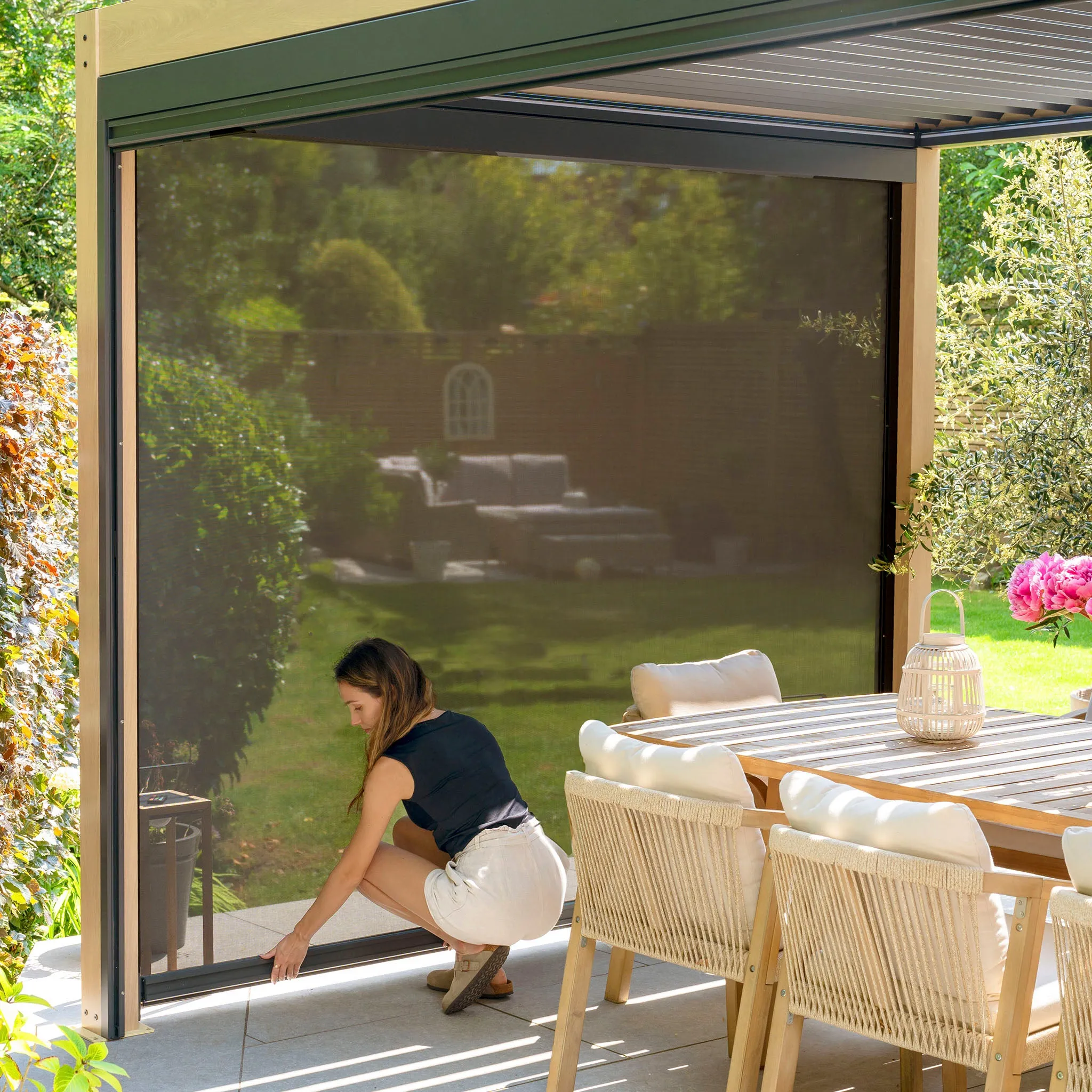 PergoSTET 3m x 3m Square Pergola with 3 Drop Sides and LED Lighting with Wood Effect
