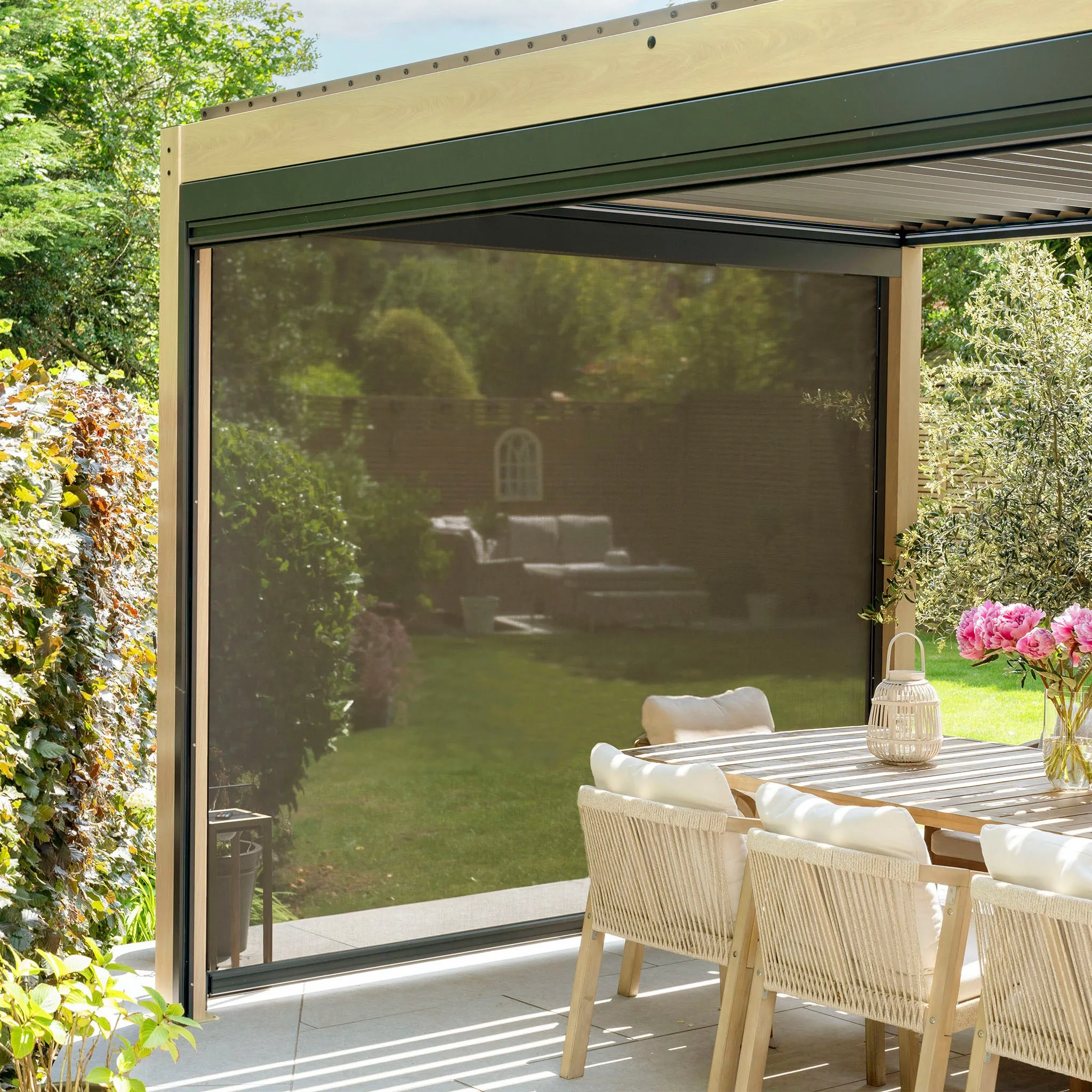 PergoSTET 3m x 3m Square Pergola with 3 Drop Sides and LED Lighting with Wood Effect