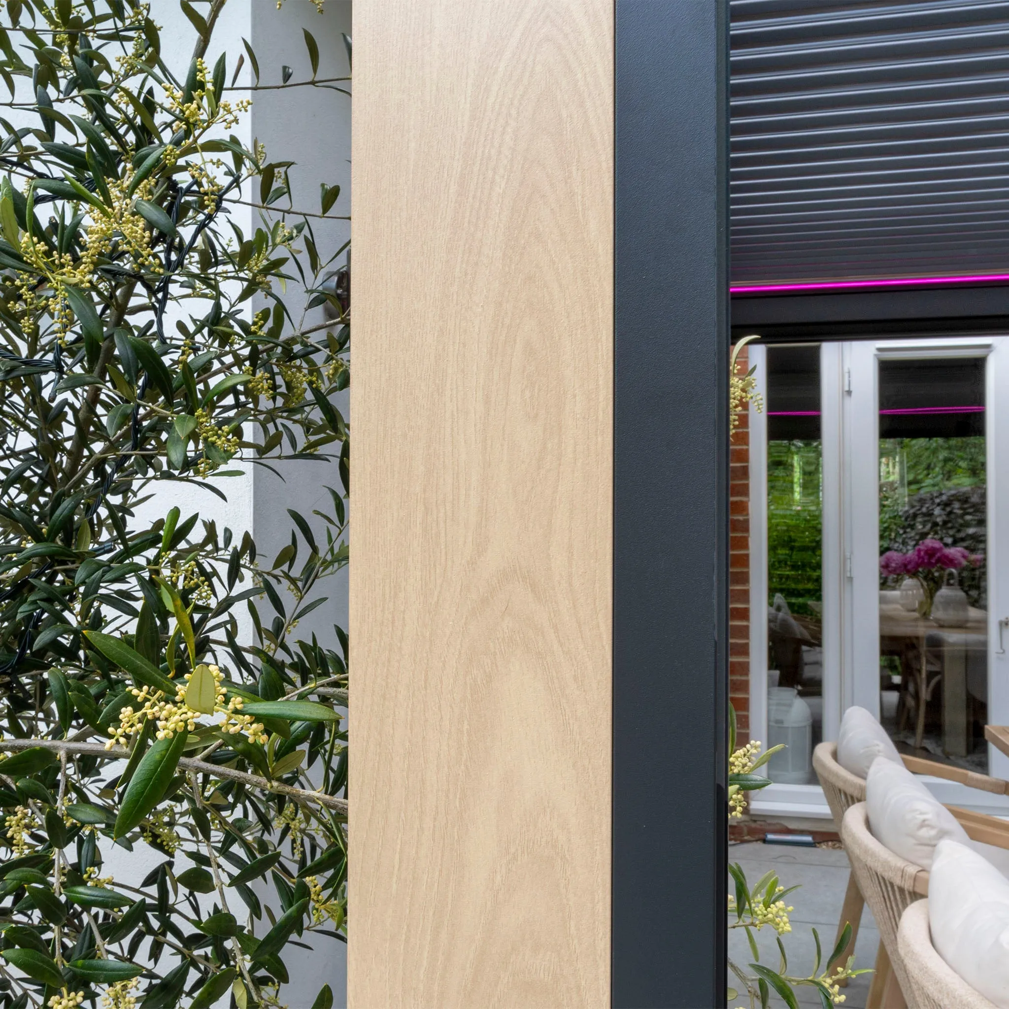 PergoSTET 3m x 3m Square Pergola with 3 Drop Sides and LED Lighting with Wood Effect