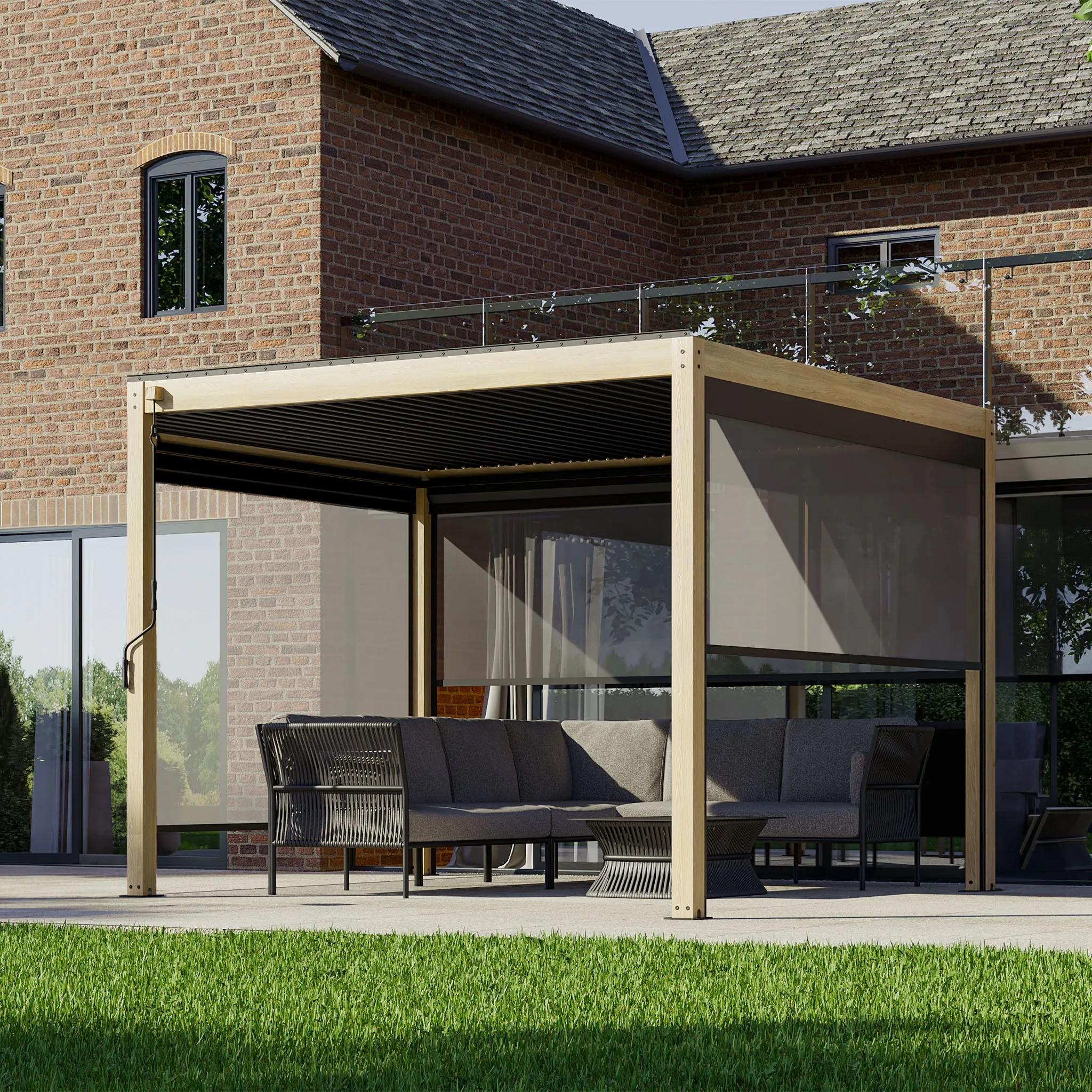 PergoSTET 3m x 3m Square Pergola with 3 Drop Sides and LED Lighting with Wood Effect
