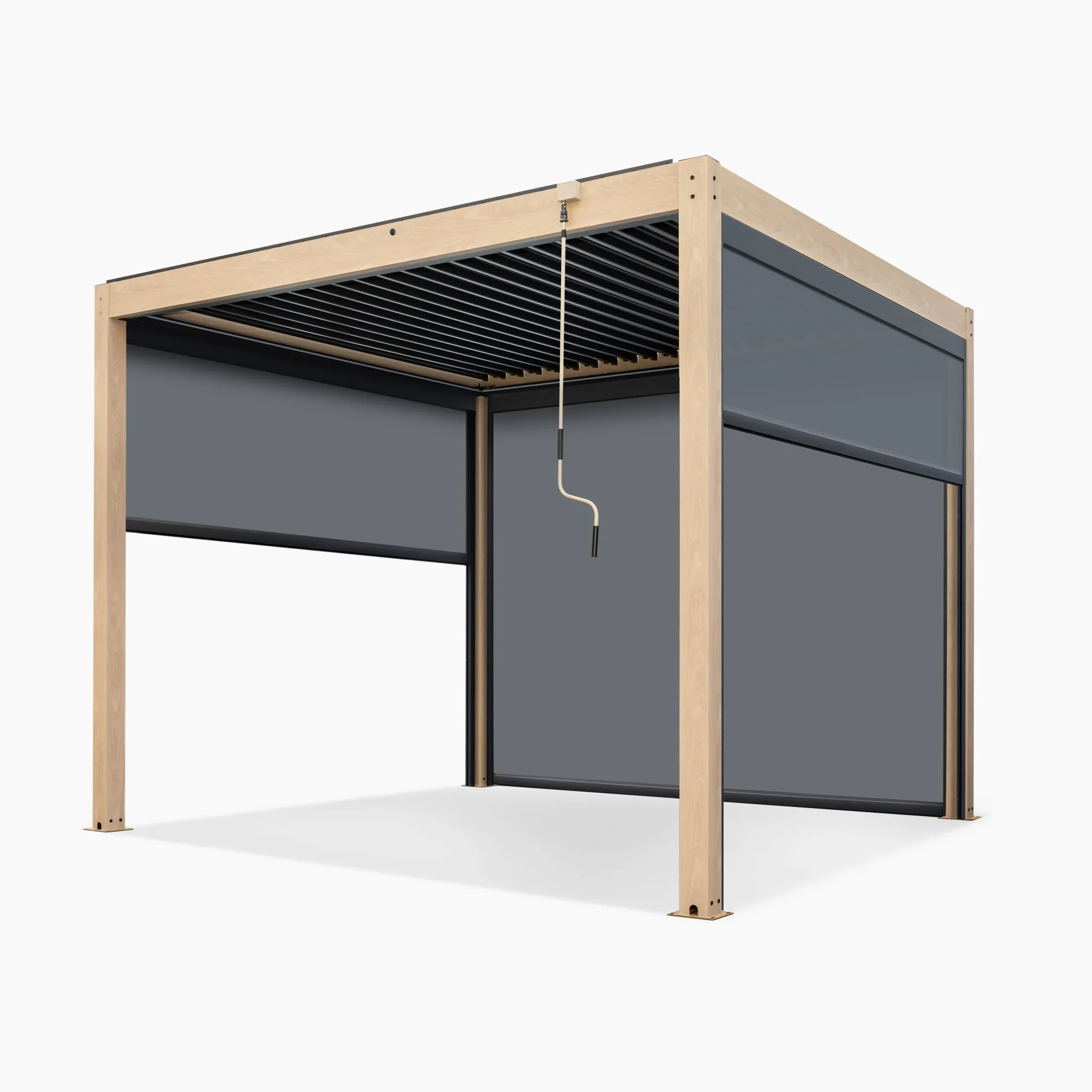 PergoSTET 3m x 3m Square Pergola with 3 Drop Sides and LED Lighting with Wood Effect